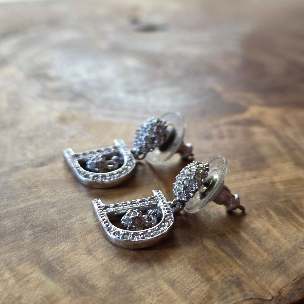 Vintage Y2K Dior Crystal D Embellished Drop Dangle Pierced Ears Earrings Silver - Picture 3 of 8